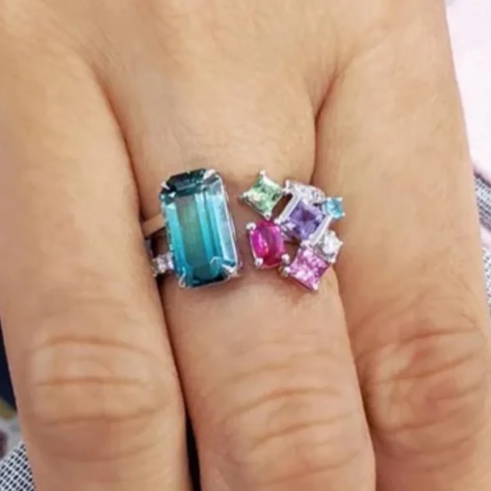 Vibrant Silvery Multi-Gemstone Open Resizable Ring